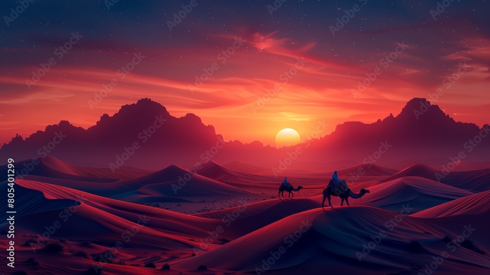 Sunset camel caravan in the Middle Eastern desert