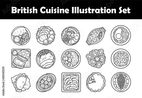 British cuisine top view vector outline illustration set