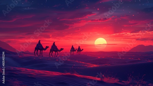 Sunset camel caravan in the Middle Eastern desert