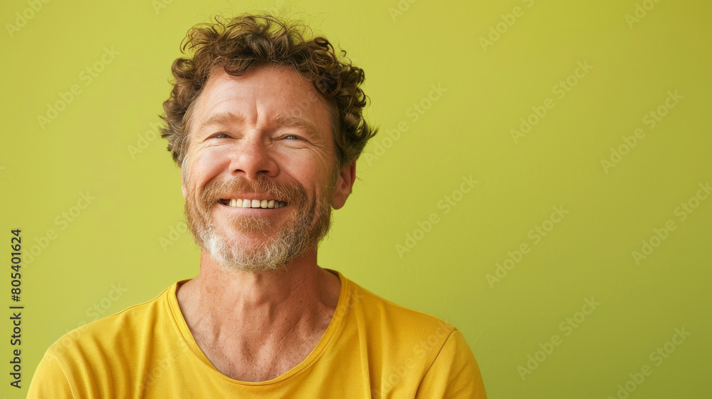 Obraz premium A man with a beard and a yellow shirt is smiling