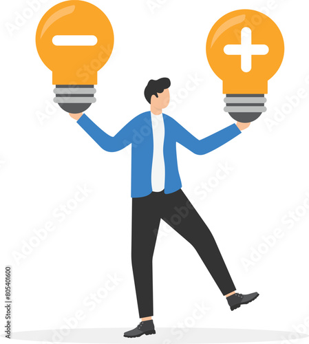 Positive and negative thinking, inspiration and motivation concept, businessman choosing light bulb with plus sign instead of one with minus

