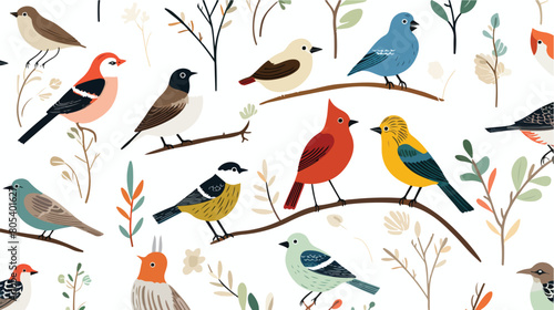 Seamless pattern with wild forest birds on white ba