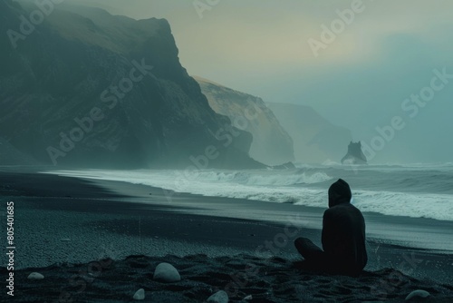 A person is sitting on a beach, looking out at the ocean photo