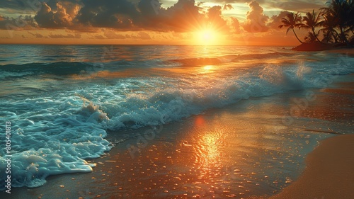 a sunset over the ocean with waves crashing on the beach