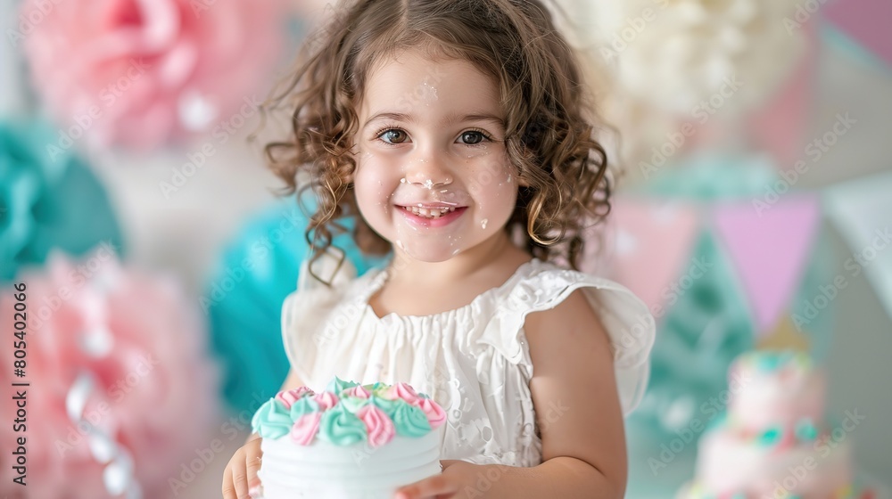 Joyful Birthday Celebration: Adorable Girl with Pastel Cake Joyful Birthday Celebration: Adorable Girl with Pastel Cake