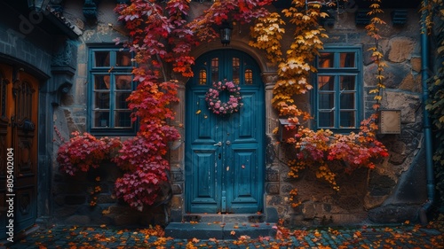 a blue door surrounded by autumn leaves