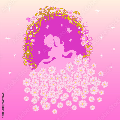 Vector illustration - against the background of a beautiful elegant ornate gold frame with pearls, butterflies, and flowers, the silhouette of a cute princess girl in a dress with a skirt of flowers.