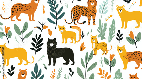 Seamless pattern with wild cats on white background