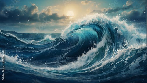 Ocean Symphony  Dive into the Majesty of the Sea with a Japanese-Style Illustration Wallpaper Featuring a Great Wave  Capturing the Power and Grace of Nature.