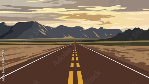 A picturesque landscape of a straight road stretching into the horizon, flanked by vast open plains on either side. The road is marked with a prominent yellow dividing line in the middle. 