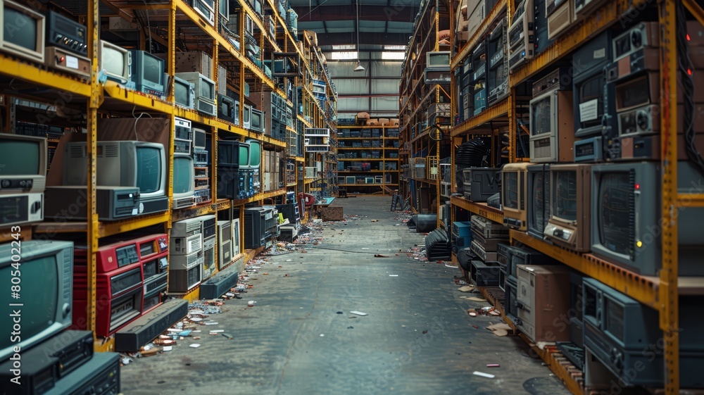 Biodegradable electronics recycling facility, a room filled with lots of old tvs Biodegradable electronics recycling facility, a room filled with lots of old tvs