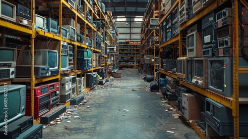 Biodegradable electronics recycling facility  a room filled with lots of old tvs