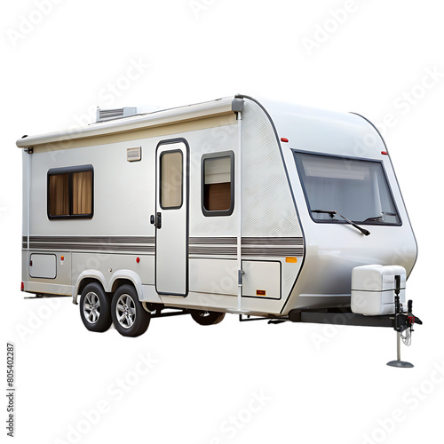 Vacation trip with Caravan Car on road. Camper and Summer drive on highway. Holiday journey