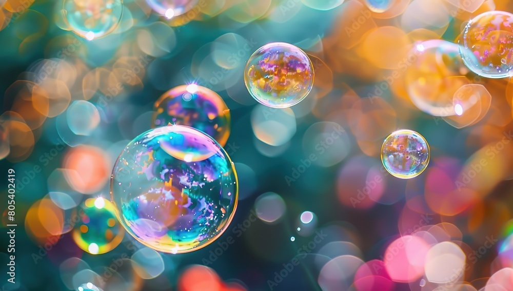 abstract pc desktop wallpaper background with flying bubbles on a colorful background. aspect ratio
