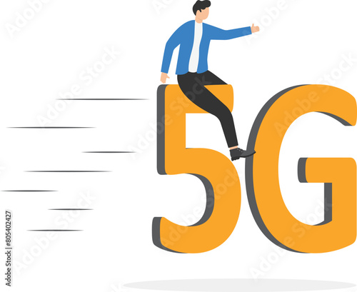 Businessman riding word 5G on loading status, The concept of loading file at 5G speed on computer or mobile phone

