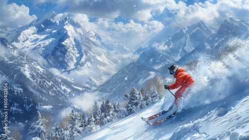 a man riding skis down the side of a snow covered slope