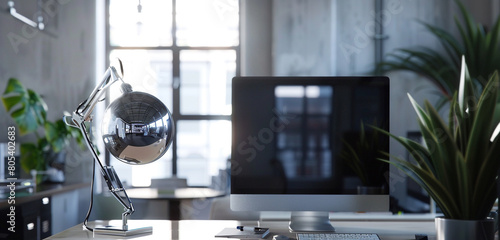 A sleek silver orb jhoomer with adjustable arms casting light in a modern office space photo