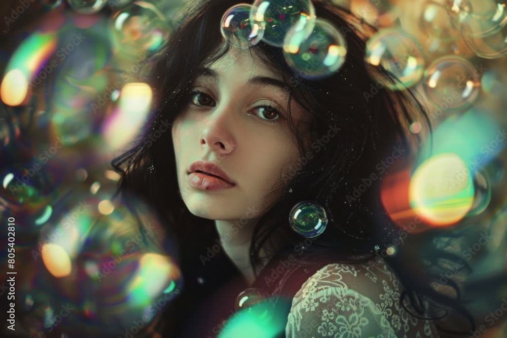 A woman with a nose piercing is surrounded by bubbles A woman with a nose piercing is surrounded by bubbles