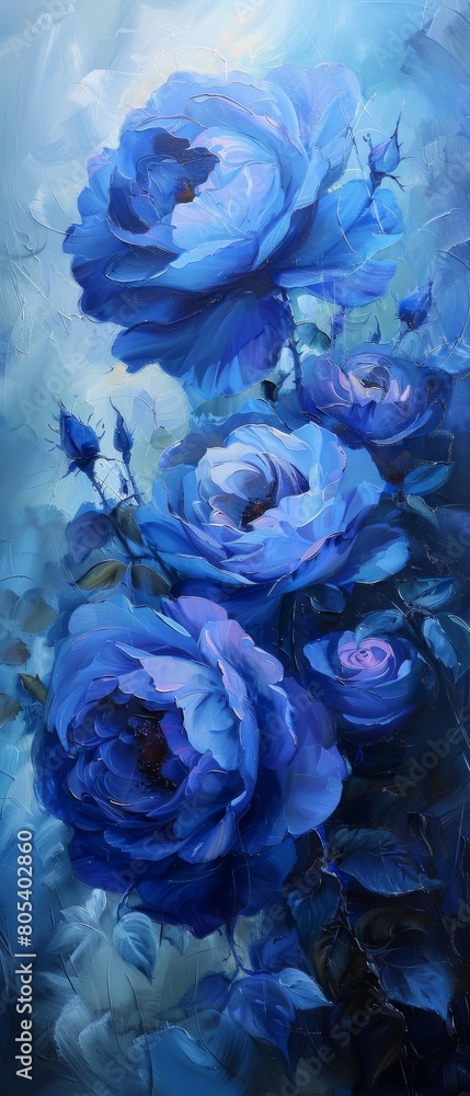 A painting of blue flowers with a blue background A painting of blue flowers with a blue background