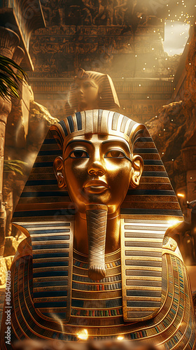 Prosperous ancient egypt Pyramids, Sphinx, gold background, photorealistic