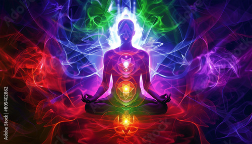 Chakra energy Beautiful woman sits in a pose of a half lotus on high place of universe with stars outside, she practicing yoga meditation glowing seven all chakra  Kundalini energy. chakras glowing 