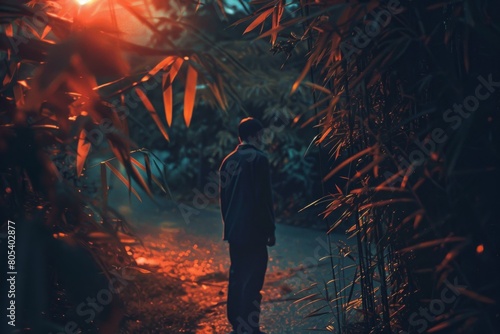 A man walks through a forest at dusk