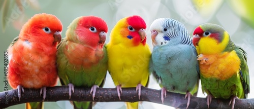 A group of colorful parrots are perched on a branch photo