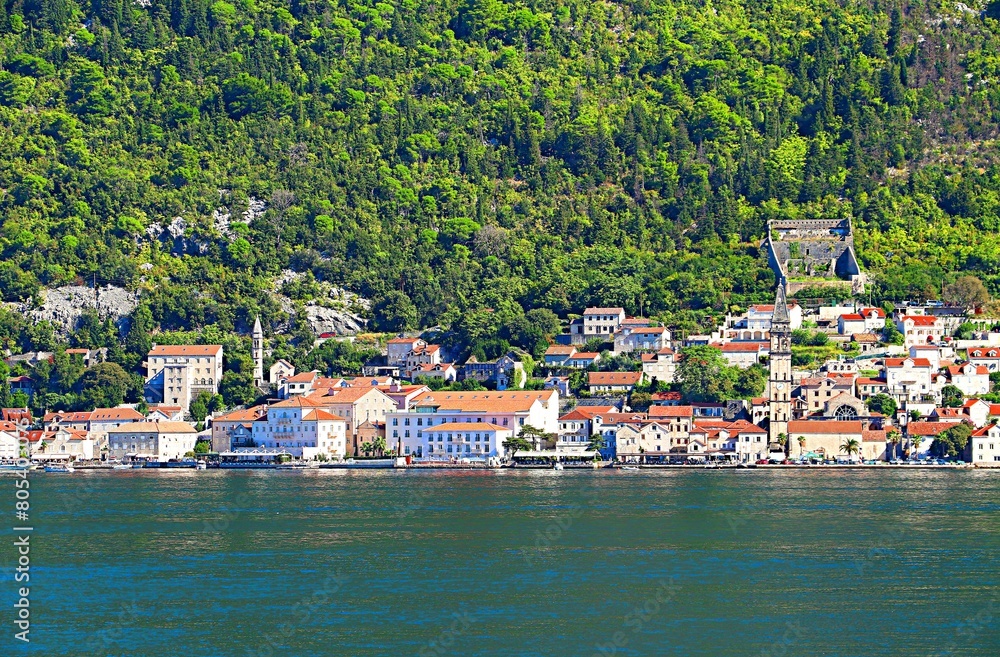 View of the resort town of Perast from the Bay of Kotor