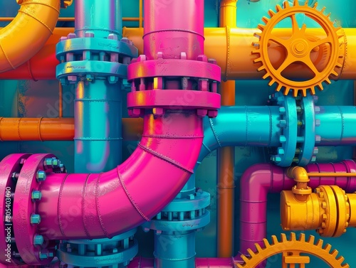 Bright and colorful industrial gears and pipes set against a neutral background, emphasizing design and detail, close-up