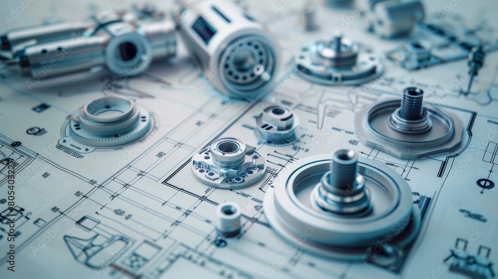 Aeronautical components arrayed in an engineering blueprint, highlighting precision and complexity in aerospace design, close-up Aeronautical components arrayed in an engineering blueprint, highlighting precision and complexity in aerospace design, close-up