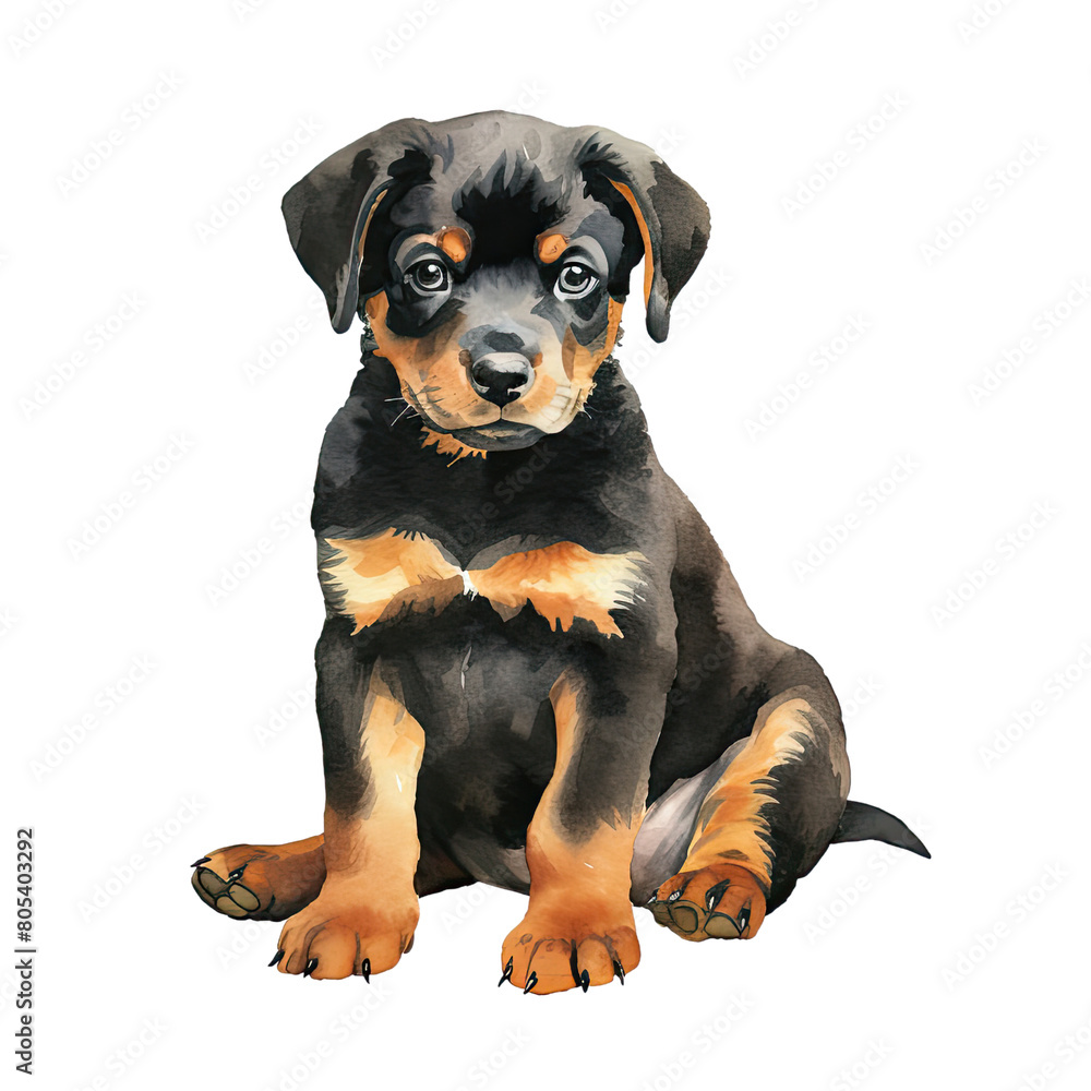 Fototapeta premium AI-Generated Watercolor Rottweiler sitting Clip Art Illustration. Isolated elements on a white background.
