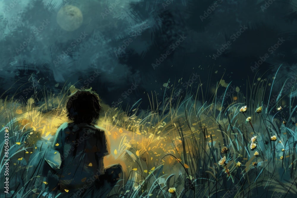 A boy is sitting in a field of tall grass