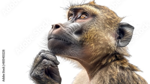 A monkey is looking up at the camera with a thoughtful expression