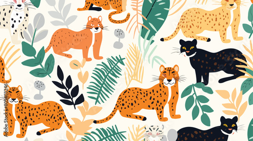 Seamless pattern with wild cats on white background