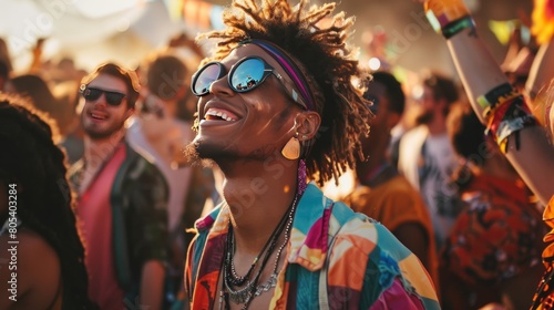 The energy of a music festival, with attendees showcasing their unique style in festival fashion attire. photo