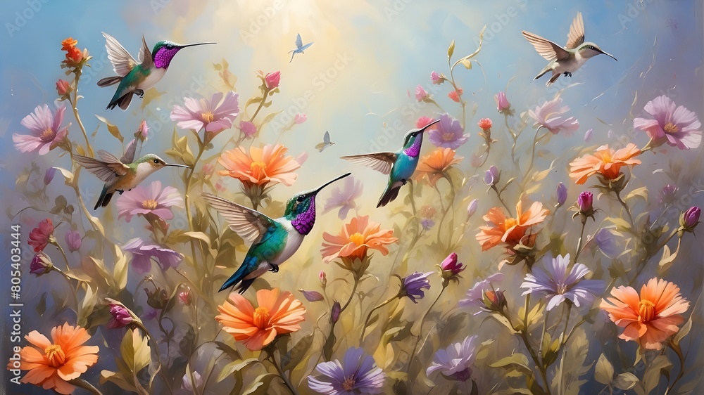 A whimsical scene of tiny hummingbirds flitting around a field of wildflowers, their iridescent feathers shimmering in the sunlight.