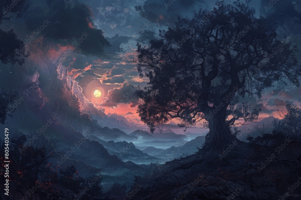 Fototapeta premium A dark forest with a large tree in the foreground