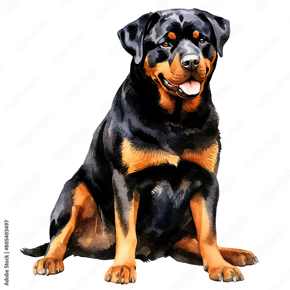 AI-Generated Watercolor Rottweiler sitting Clip Art Illustration. Isolated elements on a white background.