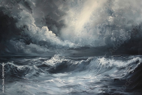 A painting of a stormy ocean with a large wave crashing