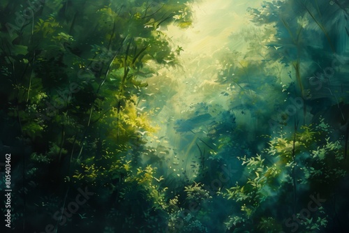 A painting of a forest with a bright blue sky