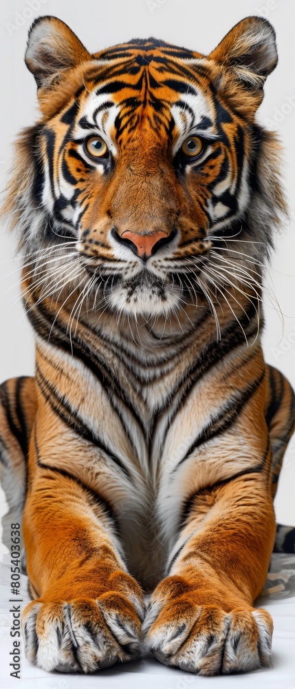 A tiger is laying down on a white background A tiger is laying down on a white background
