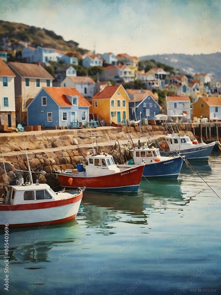 painting capturing the allure of a coastal village, with colorful fishing boats bobbing in the harbor and quaint cottages lining the shore in a vintage motif.