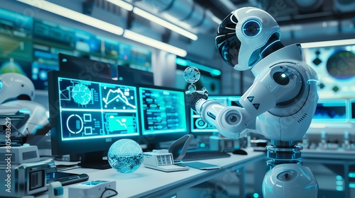 A 3D macro rendering of a scientist configuring a robot to manipulate individual ions, set in a high-tech laboratory filled with advanced technological instruments