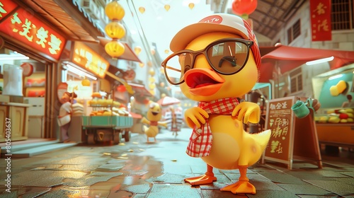 A 3D macro visualization of a chibi duck character exploring a street market, wearing stylish sunglasses and interacting with miniature street vendors