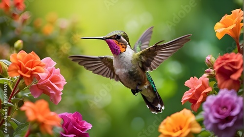 Close up of Hummingbird hovering around the charming colorful flowers against the green background