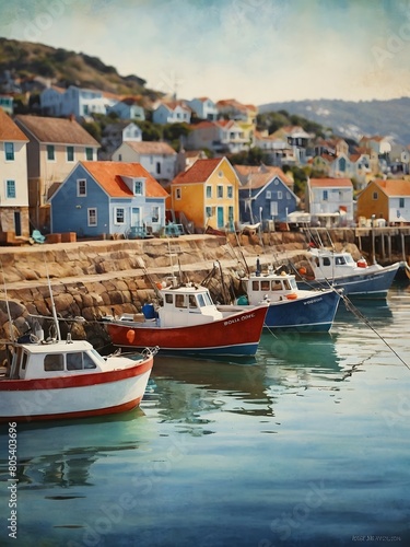 painting capturing the allure of a coastal village  with colorful fishing boats bobbing in the harbor and quaint cottages lining the shore in a vintage motif.