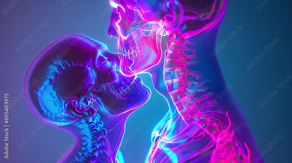 A close-up 3D x-ray of a couple's embrace, with each vertebra and rib highlighted in a different shade of neon A close-up 3D x-ray of a couple's embrace, with each vertebra and rib highlighted in a different shade of neon