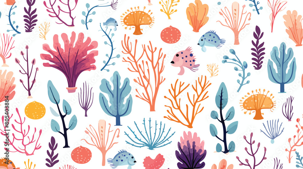 Seamless pattern with various corals and seaweed or