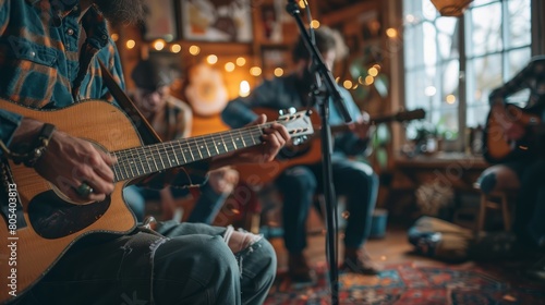 An indie folk band practices in a cozy living room.