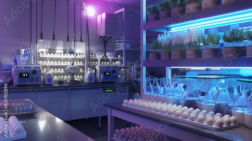 A detailed 3D depiction of a lab where scientists study the effect of different light spectra on egg development, using state-of-the-art lighting technology and realistic scientific instrumentation. photo